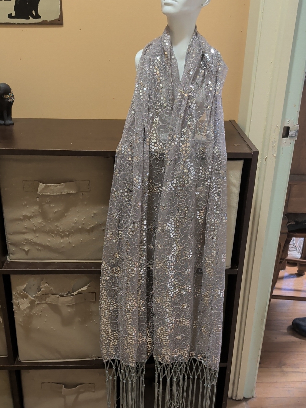 Elegant Silver Sequined Lace Shawl Scarf - Sparkling Light Gray
